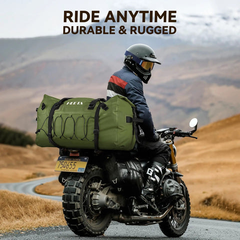 Motorcyclist with Waterproof Duffel Bag For Outdoor Adventures Kayaking Extra Large 60L Rolltop Dry Bag with straps, green