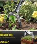 Long Reach 4-In-1 Garden Hoe With 64 Inch Handle For Easy Weeding in flower bed with yellow flowers, stainless steel blade