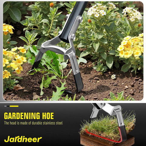 Long Reach 4-In-1 Garden Hoe With 64 Inch Handle For Easy Weeding in flower bed with yellow flowers, stainless steel blade