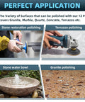 Collage showing uses of 14 Pack 4 Inch Diamond Polishing Pads Kit With 2 Backer Pads For Wet And Dry Polishing, including stone restoration and granite polishing.