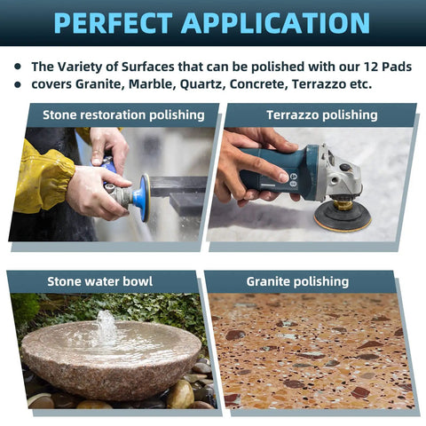 Collage showing uses of 14 Pack 4 Inch Diamond Polishing Pads Kit With 2 Backer Pads For Wet And Dry Polishing, including stone restoration and granite polishing.