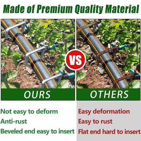 Comparison of heavy duty 50 pack four inch landscape staples for weed barriers and irrigation tubing in garden use.