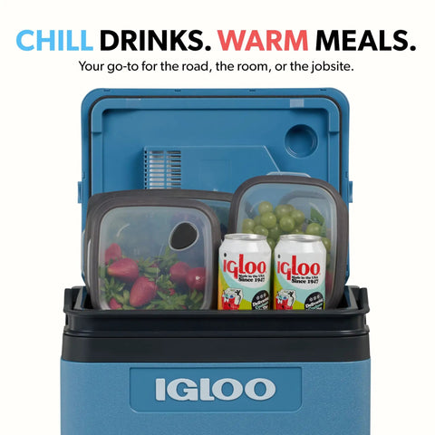 Hella Chill Thermoelectric Cooler And Warmer With Solid Performance For Road Trips Truck RV Car And Home with snacks and drinks.