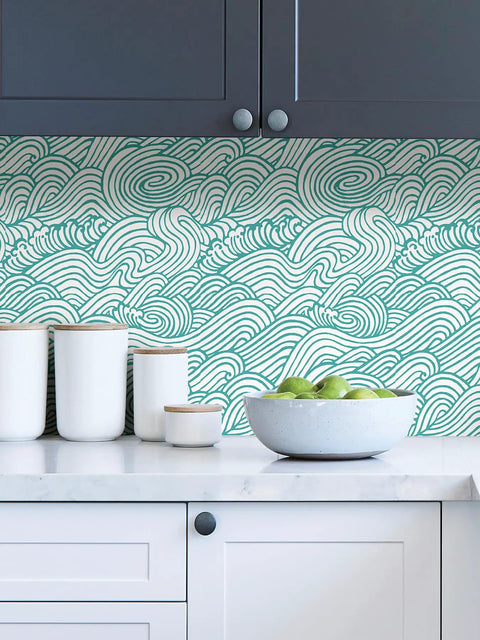 Saybrook Teal Peel And Stick Wallpaper With Aqua Wave Pattern For Renters And DIY Lovers in kitchen scene on smooth wall