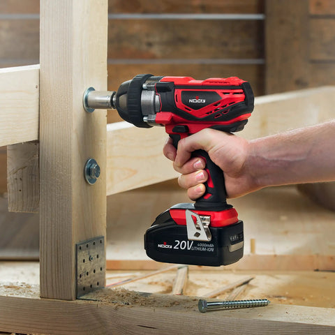 Beefy 20V Cordless Impact Wrench Kit With 300 Ft Lb Torque in use on wooden framework, showing half inch detent anvil.