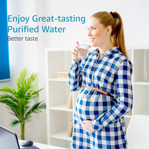 Pregnant woman in checkered dress drinking water with CF10A Water Filter Replacement For Pur Pitchers And Dispensers 3 Pack NSF Certified Lead Free.