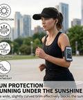Woman running in park wearing black Moisture Wicking Sun Visor Hat With Adjustable Strap For Running Tennis Golf And Hiking
