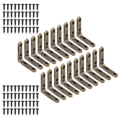 Heavy Duty 90 Degree Small Hinge Set For Wooden Boxes And Miniature Furniture Craft Projects Jewelry Cases Cabinets And Drawers Includes 20 Sets With Screws For Easy Installation, shown with bronze alloy hinges and screws.
