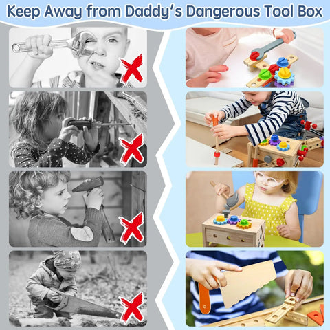 Need To Have 29 Piece Wooden Tool Set With Sturdy Box For Little Pros Featuring Hammer Screwdriver Wrench Saw And Crafting Parts For Sweet Pretend Play Workshop Projects Ages 3 Plus - children playing with safe toy tools.