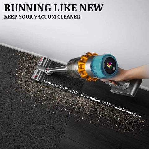 Cordless vacuum cleaner showing suction power with dust, featuring 3 Pack Replacement Filters For Dyson V15 Detect and V11 series.