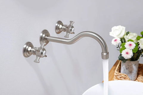 Two Handle Wall Mount Bathroom Sink Faucet With Rough In Valve Included Brushed Nickel Finish Solid Brass Construction running water