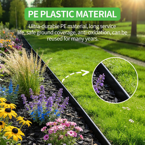 No Dig Garden Edging Border 2 Inches Tall 40 Feet Long Flexible Plastic With 40 Stakes separating garden and lawn