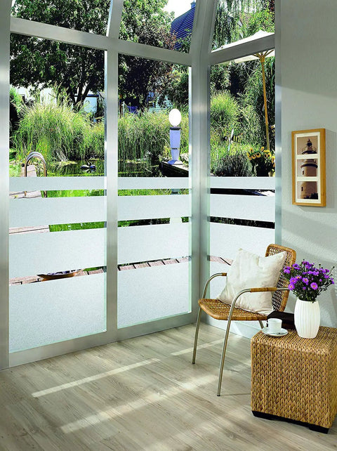 Self-Adhesive Privacy Glass Window Film Milky Tint 17 Inch By 78 Inch Roll 3-Pack With Applicator installed on patio doors