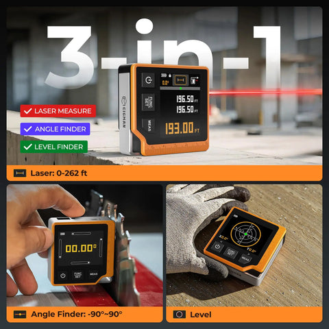 Three In One Laser Measure With 262 Ft Range, Digital Angle Finder And Digital Level, Pro Grade Tool For Pros On The Job, Ultra Fast 0.3 Second Readings, Plus Minus One Sixteenth Inch Accuracy, Six Unit Options M In Ft Ft Plus In Cm Mm. 3-in-1 device on site