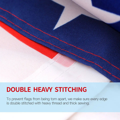 Close-up of Two Pack 3x5 Ft American National Polyester Flags Fly Breeze For Outdoor Use With Canvas Header Double Stitched Edges Fade Resistant Colors Brass Grommets For Low Wind Areas showing double stitching.