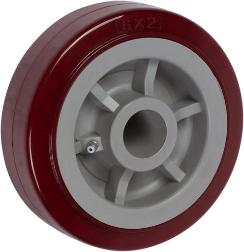 Built Tough Shop Grade Industrial Caster Wheels With Non Marking Polyurethane Tires Top Lock Brake Reinforced Extra Strong Steel Mount Plates Smooth Rolling Garage Cart Hauler, 6x2 inch wheel detail.