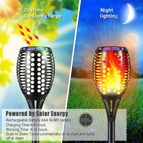 Upgraded Solar Torch Lights With 96 LEDs Realistic Flickering Flame Effect Waterproof Outdoor Pathway Lights solar charging and glowing.