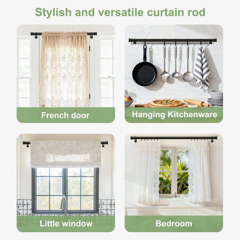 Heavy Duty All Metal Curtain Rod In Matte Black Adjustable From 18 To 45 Inches No Fuss Drapery Rod For Bedroom Kitchen Dorm Or Apartment Supports Up To 25 Lbs Modern Yet Classic Style illustrated in various home setups