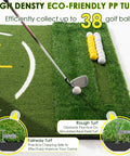 5x4ft Dual Turf Golf Hitting Mat with Built In Ball Tray, showing golf club on mat with alignment guide and golf balls