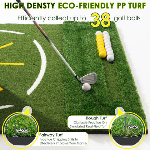 5x4ft Dual Turf Golf Hitting Mat with Built In Ball Tray, showing golf club on mat with alignment guide and golf balls