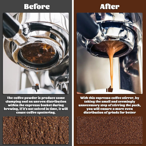 Before and after using Espresso Distribution Tool WDT With 8 Pin 0.35mm Stainless Steel Needles, showing improved coffee extraction.
