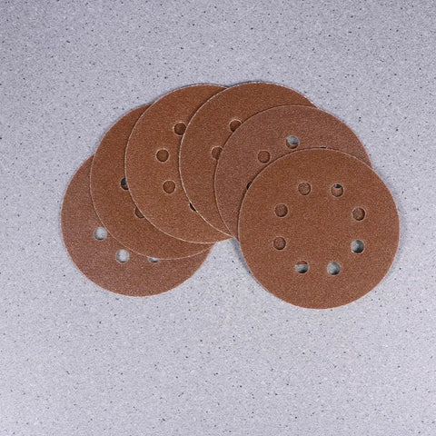 Super Tough 40 Piece 5 Inch Ultra Fine Aluminum Oxide Sanding Discs With Eight Hole Hook Loop Backing, displayed in assorted grit.