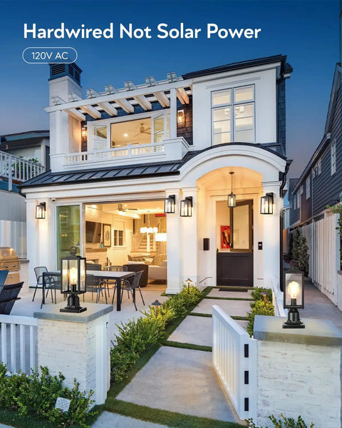 Modern house with Hardwired 120V Dusk To Dawn Outdoor Post Light Black Exterior Lantern, showcasing front garden lighting