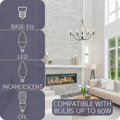 Living room with Boho Chic 28 Inch Five Light Wood Beaded Chandelier In Black And Antique White Finish, bulb compatibility guide.