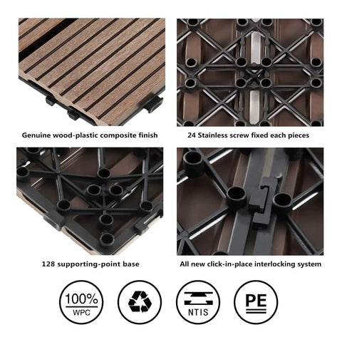 22 Pieces Wood Plastic Composite Patio Deck Tiles Interlocking 12x12 Inches Water Resistant For Indoor Outdoor Use Weatherproof Mocha DIY