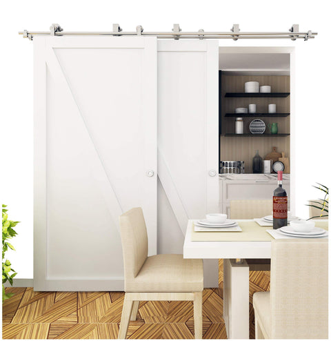 8 Foot Brushed Stainless Steel Bypass Sliding Barn Door Hardware Kit For Low Ceiling Top Mount System with installed doors