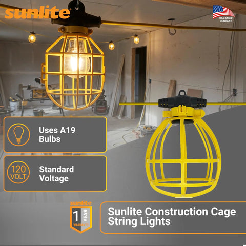 Industrial Cage String Lights 50 Ft With 5 E26 Sockets 75W Max Per Bulb ETL Rated lighting in an attic space
