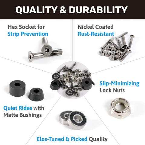 Skateboard Hardware Kit Do It Yourself Upgrade Pack With Truck Hardware 608 Bearings Bushings Nuts And Washers Kingpin Nut Screws And Bolts 42 Piece Replacement Kit For Skaters, with bolts, bearings, and bushings