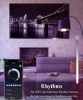 Living room with Smart E12 Base LED Bulbs 8 Pack Dimmable RGB Color Changing Tunable White for Chandeliers, app and lamp shown.