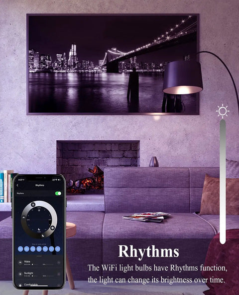 Living room with Smart E12 Base LED Bulbs 8 Pack Dimmable RGB Color Changing Tunable White for Chandeliers, app and lamp shown.