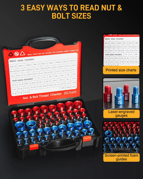66-piece nut and bolt thread checker kit with blue SAE gauges and red metric gauges in a black case