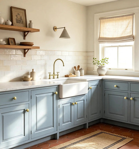 Rock Solid Brushed Gold Cabinet Knobs for Kitchen Drawers and Furniture, 1-1/4 Inch Round Hardware on blue cabinetry.