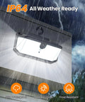 Solar Fence Lights With 526 LEDs, Motion Sensor, 270 Degree Wide Angle, 3 Modes, Remote Control, Hook Mount; in rain demonstrating IP64 waterproofing.