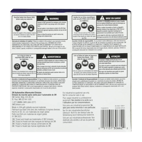 Back of Blue 6 Inch Hookit Foam Disc P5000 Finishing Pad For Auto Paint carton showing safety information and product details.