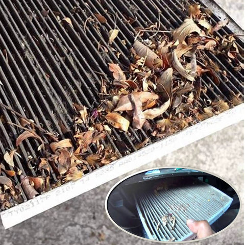 Close-up of used Premium Cabin Air Filter For Toyota Avalon Camry Corolla Prius Prime RAV4 showing trapped debris and leaves