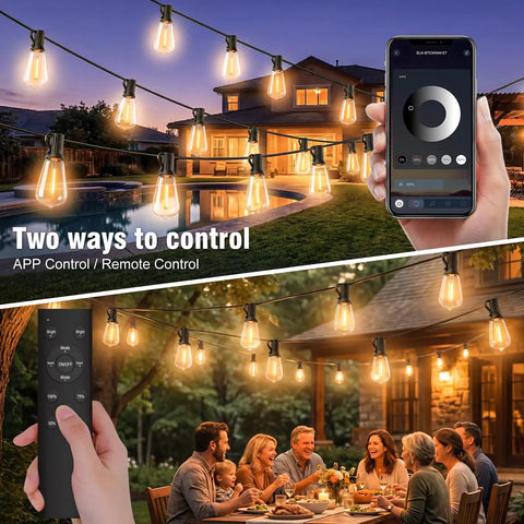 50 Foot Outdoor Waterproof String Lights With Bluetooth App And Remote Control Dimmable Brightness And Timed Modes over patio and deck