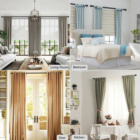 Adjustable 28 To 144 Inch Curtain Rod Set With 1 Inch Heavy Duty Aluminum Rails Nine Piece Sectional Rods And Finials Black Finish Outdoor Ready Farmhouse Style for living room, bedroom, door, and kitchen windows.