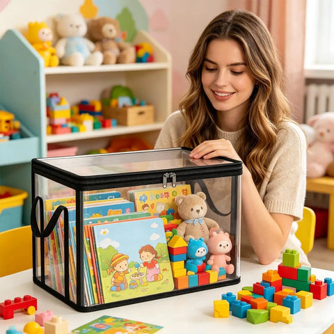 Store Your Stuff Like A Pro With These Sleek Clear Storage Bins Featuring Smooth Zipper Closures And Heavy Duty Reinforced Handles Perfect For Closet Tidying And Bedroom Sorting Made From Thick Transparent PVC To Straight Up Spot Everything Fast. Clear storage bin holding toys and books, with smooth zipper, in a child-friendly environment.