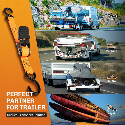 Boat Trailer Transom Tie Down Straps, Heavy Duty 1 Inch By 4 Feet, Retractable Ratchet Straps for securing boats and jet skis