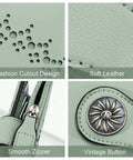Close-up details of green Compact Women's Bifold Wallet With RFID Blocking Leather Card Holder Zipper Coin Pocket Slim Yet Roomy.