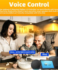 Family using ZigBee 3.0 Smart Retrofit Recessed Lighting 5″,RGBWW LED Downlight with Amazon Echo devices for voice control in the kitchen.