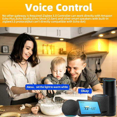 Family using Alexa voice control in the kitchen with ZigBee 3.0 Smart Retrofit Recessed Lighting 5″,RGBWW LED Downlight 1 Pack.