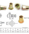 Top Shelf Carbon Steel Rivet Nuts M6 Thread Inserts Half Hex Nutsert Assortment Kit 60 Pieces Zinc Plated Yellow showing dimensions and design.