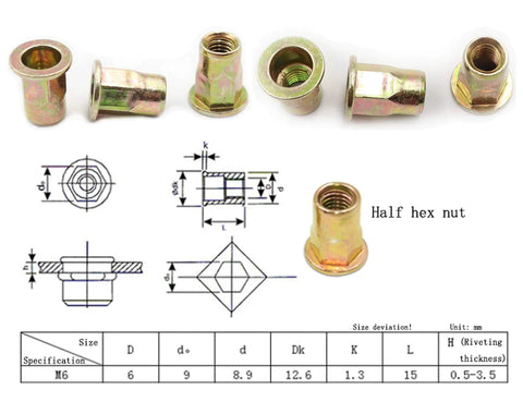 Top Shelf Carbon Steel Rivet Nuts M6 Thread Inserts Half Hex Nutsert Assortment Kit 60 Pieces Zinc Plated Yellow showing dimensions and design.