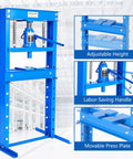 Top Shelf 20 Ton Heavy Duty Hydraulic H Frame Shop Press With Adjustable Height Bed And Stamping Plates Built Different For Auto Repair Garage Metalworking Bearing Removal featuring adjustable height and labor-saving handle.