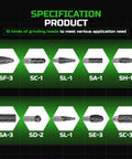 Carbide burr set, 1/4 in shank, 10-piece die grinder bits displayed with labeled heads on a green specification chart.